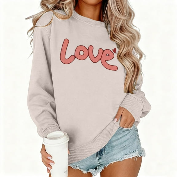 AuroraX Crewneck Long Sleeve Tops for Women,Graphic Beige Long Sleeve Oversized Sweatshirt for Women Holiday Cotton Valentines Pullover