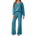 thumbnail image 2 of Women's V-Neck Two Piece Set, Oversized Pullover and Flared Pants, Loose Fit Lounge Set, Brushed Fleece Loungewear Outfit, Jogger Set Sky Blue XXXL, 2 of 5