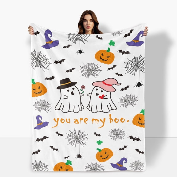 White Pumpkin Spider Web Bat Doll Design Flannel Blanket For Couples Gift Suitable For Sofa Bed Travel Camping Made With Polyester Fabric Soft Warm Comfortable Shipped From USA