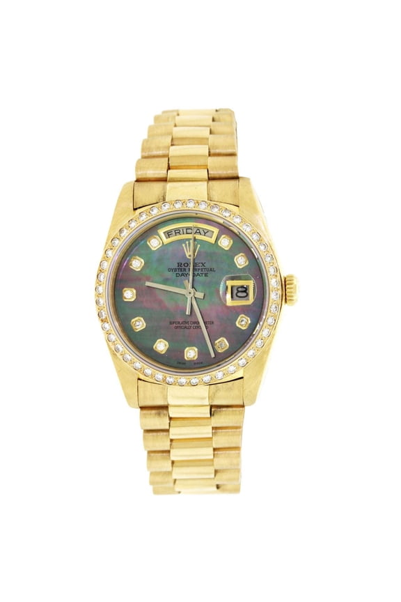 Pre-Owned 18K Yellow Gold Rolex Diamond Watch, Day Date President 36mm, Mother Of Pearl Diamond Dial With 1.75CT Diamond Bezel