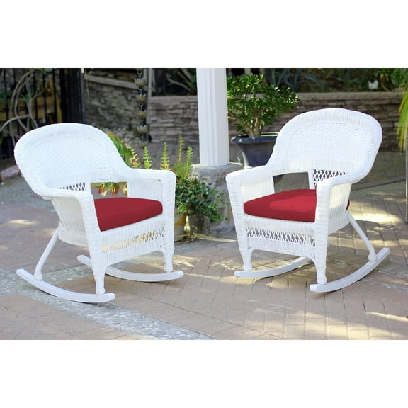 Jeco White Rocker Wicker Chair with Red Cushion- Set of 2