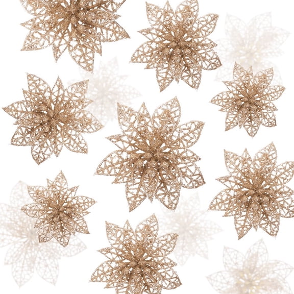 Naler 24 Pcs Christmas Glitter Artificial Poinsettia Flowers, Christmas Tree Wreaths Wedding Ornaments, Champagne, 3/4/6 Inch