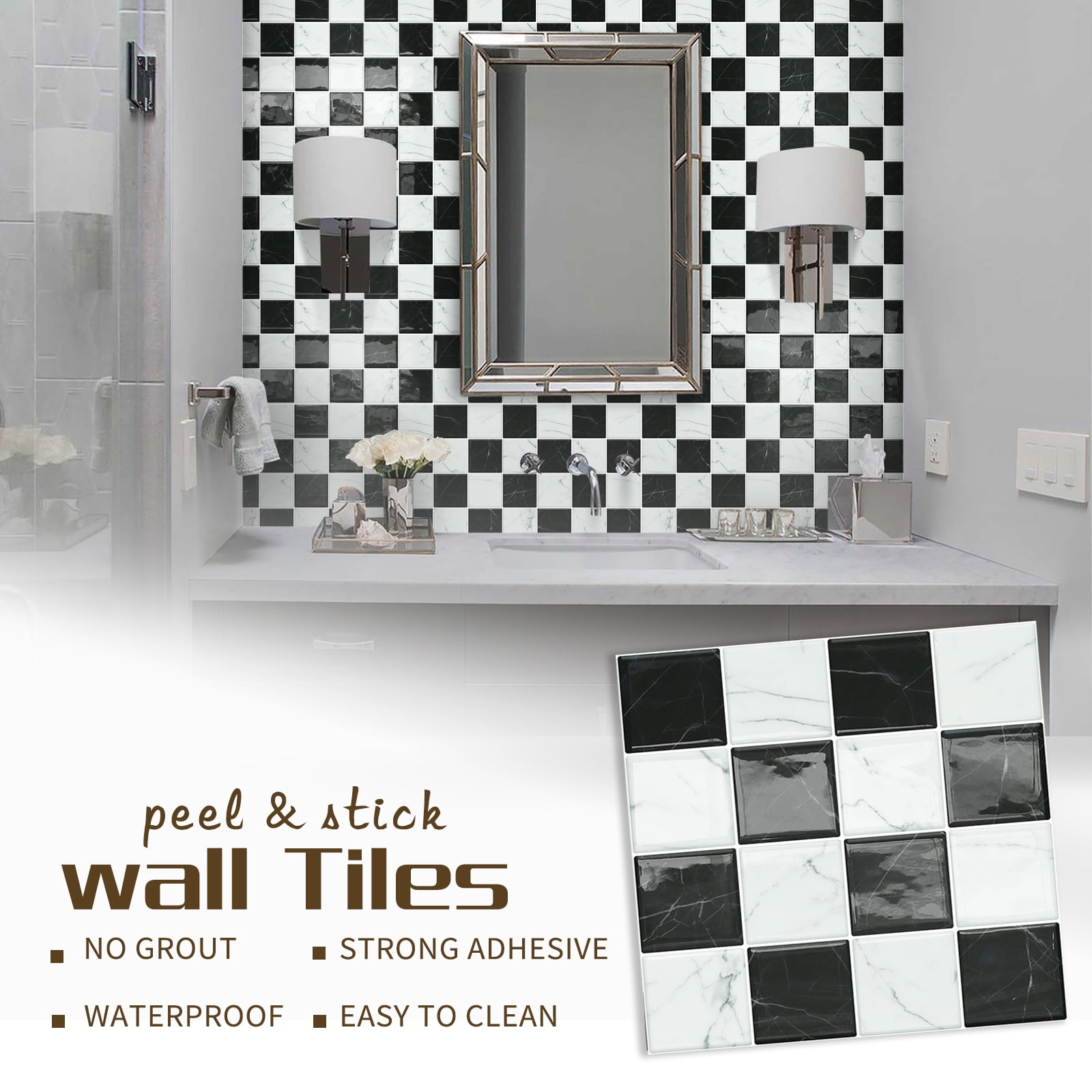 DEWOO Thick Peel and Stick Backsplash Tiles Kitchen Bathroom Square Self Adhesive Wall Tile Checkerboard Checkered Stickers,Black (10-Sheet, 9"×9")