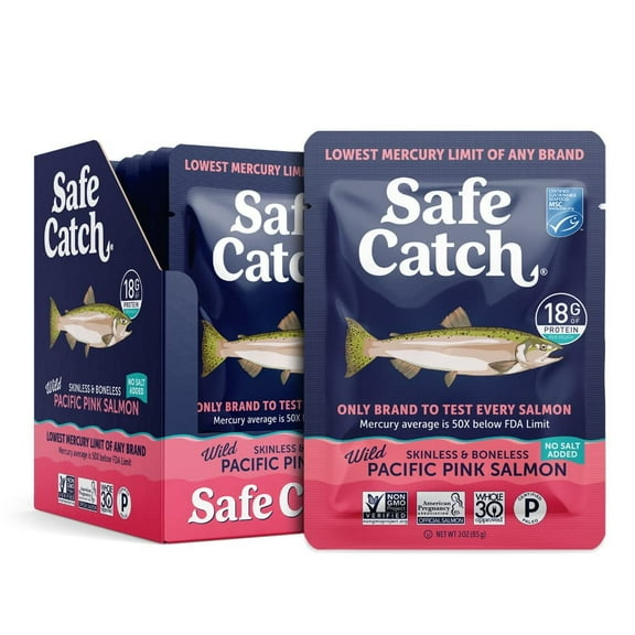 Skinless and Boneless Wild Pacific Pink Salmon Pouch, No Salt Added, Mercury Tested, Kosher, 3oz Pouches, Pack of 12