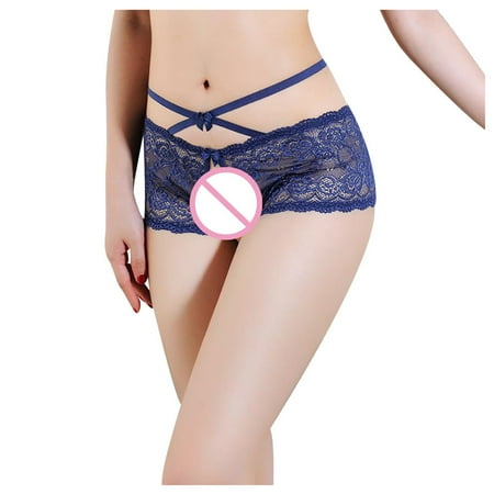 

Qcmgmg Crotchless Low Rise Panties for Women Breathable Solid Underwear Lace T-Back Thong Blue One Size