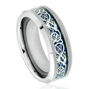 8mm Tungsten Carbide Shiny Beveled Edge with Blue Celtic Dragon Cut-out Inlay Wedding band Ring for Men and Ladies