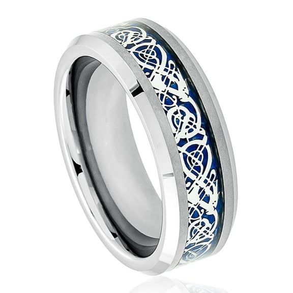 Custom Personalized Engraving Wedding Band Ring Set for Him & Her - 8mm Shiny Beveled Edge with Blue Celtic Dragon Cut-out Inlay