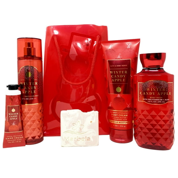 Bath & Body Works Winter Candy Apple Gift Bag Set - Fine Fragrance Mist, Body Cream, Body Wash and Hand Cream With a Himalayan Salts Springs Sample