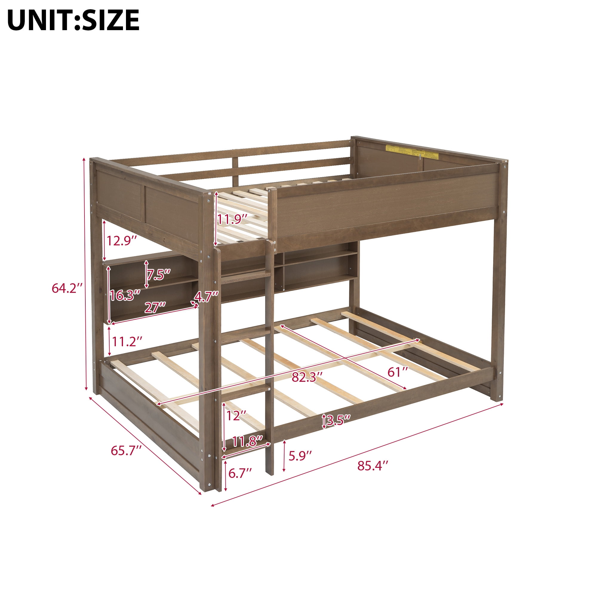 Euroco Wood Queen over Queen Bunk Bed with Bookcase, Shelves and USB Charging Station, Antique Wood