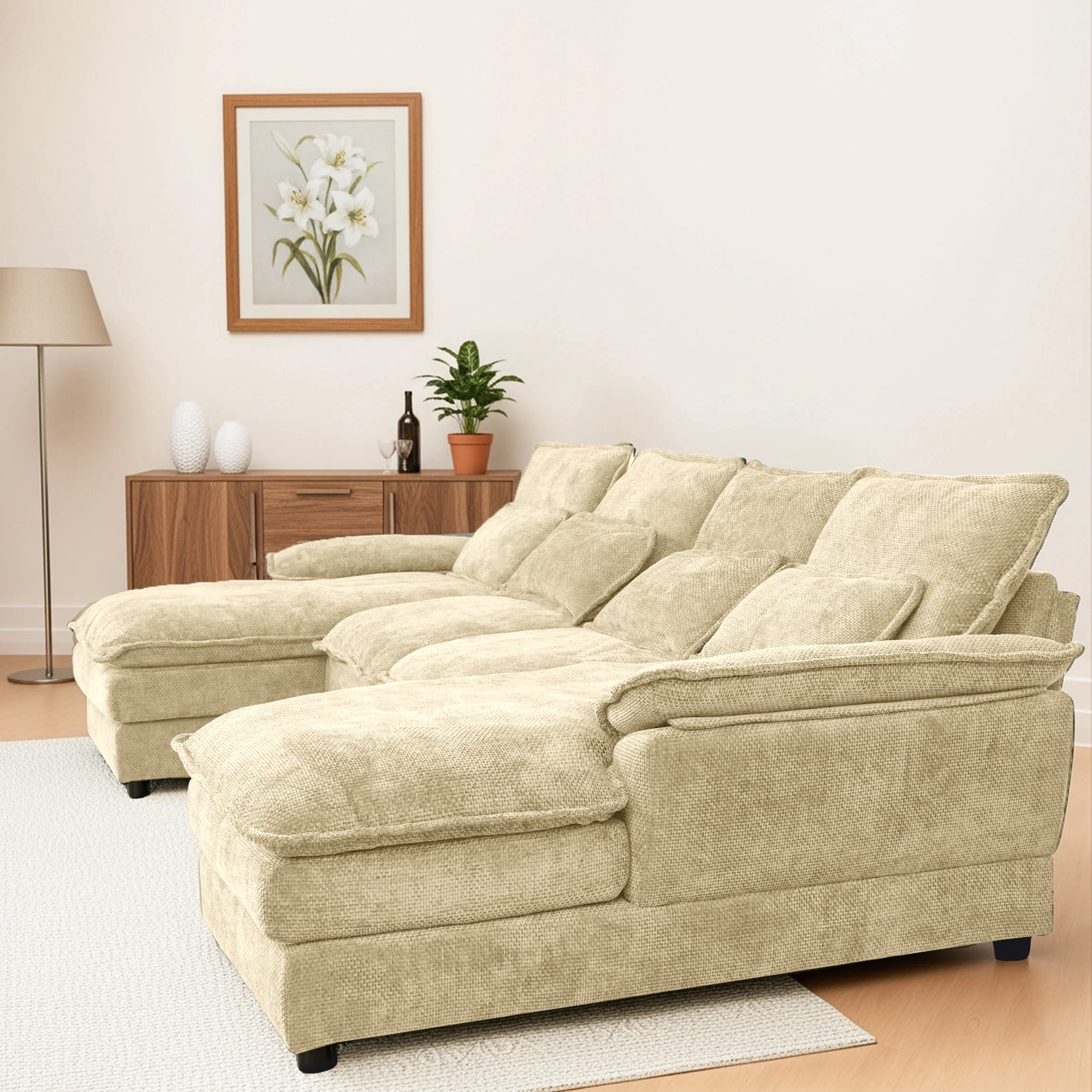 SEENYOO 110.24" U-Shaped Couch, Cloud Modular Sectional Sofa with Chenille Fabric, 4-Seat Comfy Couch for Living Room,Khaki