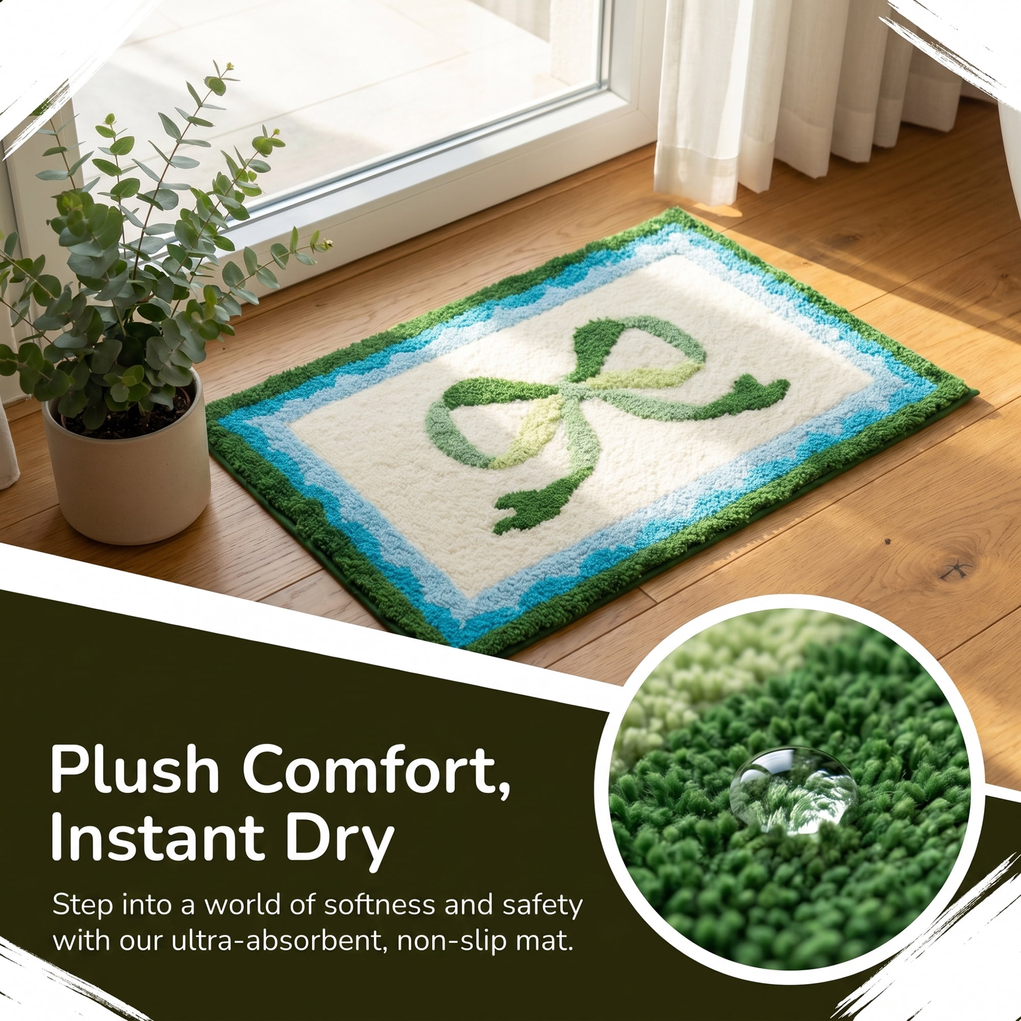 Unique Bargains Aesthetic Printed Soft Absorbent Shaggy Bath Mat Green Blue 32" x 20"