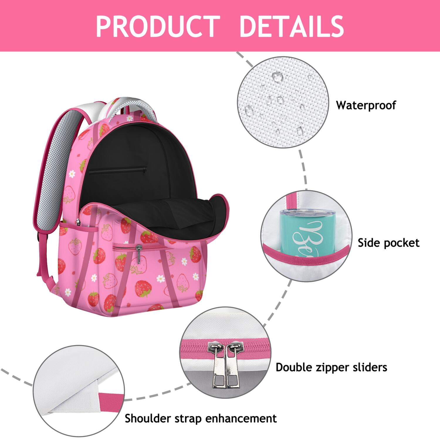 I Love Strawberries Backpack - Cute Kawaii Waterproof School Bag with Spinal Support & Breathable Comfort for Teens & College Students