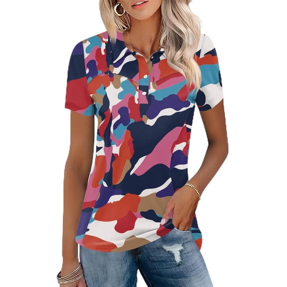 Trendfront Womens Golf Polo Shirts Short Sleeve Henley Abstract Camo Printed Blouse Colorful Casual Activewear Tee