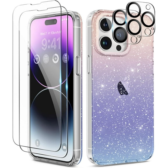 Compatible with iPhone 15 Pro Max Case Glitter Clear, [5 in 1] with 2X Screen Protector   2X Camera Lens Protector, Cute Bling Military Grade Shockproof Slim Phone Case 6.7 Inch, Gradient