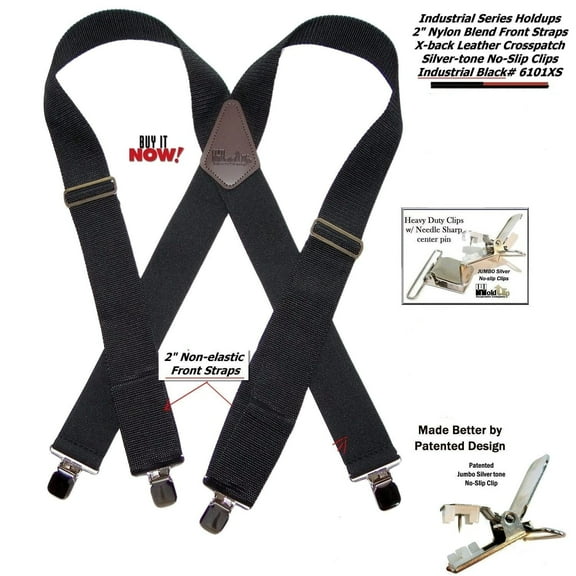 Hold-Up Suspender Co. Holdup 2" wide Non-Elastic Industrial Series Black XLS Suspenders for Men with the USA Patented No-Slip Clips