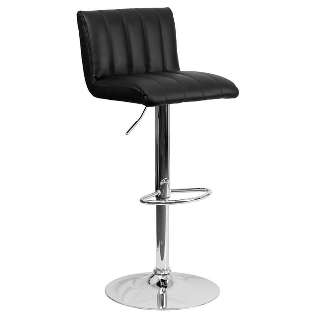 Contemporary Black Vinyl Adjustable Height Barstool with Vertical Stitch Back/Seat and Chrome Base