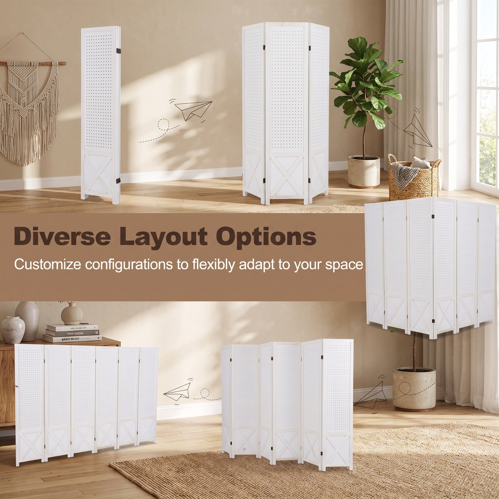 Vebreda 6-Panel Pegboard Room Divider, 67 in Tall Foldable Wood Privacy Screen with Peg Holes for Hanging Storage, Freestanding Partition for Home Office, White