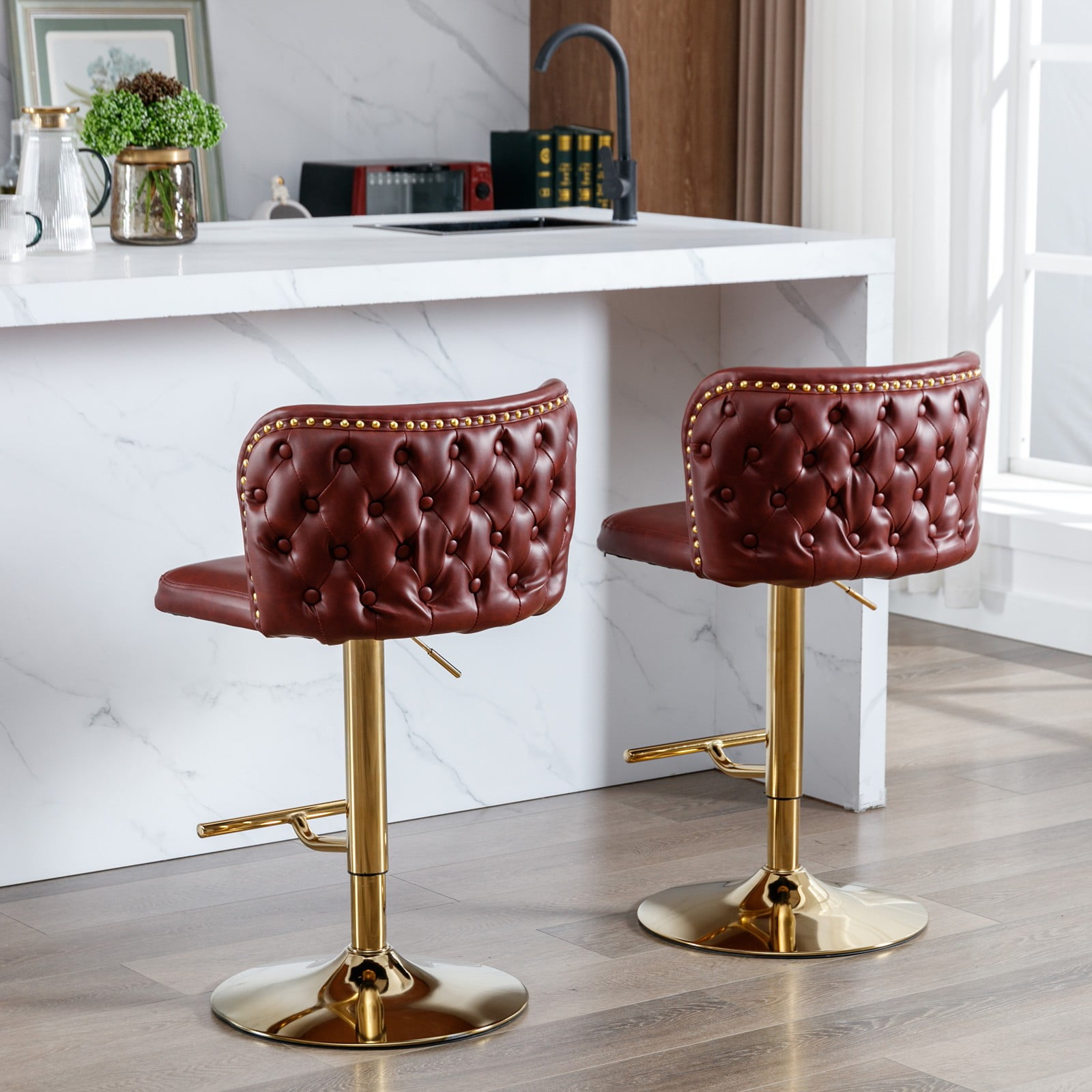 Round Kitchen High Bar Chairs with Golden Base PU Upholstered Bar Stool Chair Height Adjustable from 25-33 Inch Counter Chair with Back Swivel Barstool with Footrest for Kitchen (Set of 8)