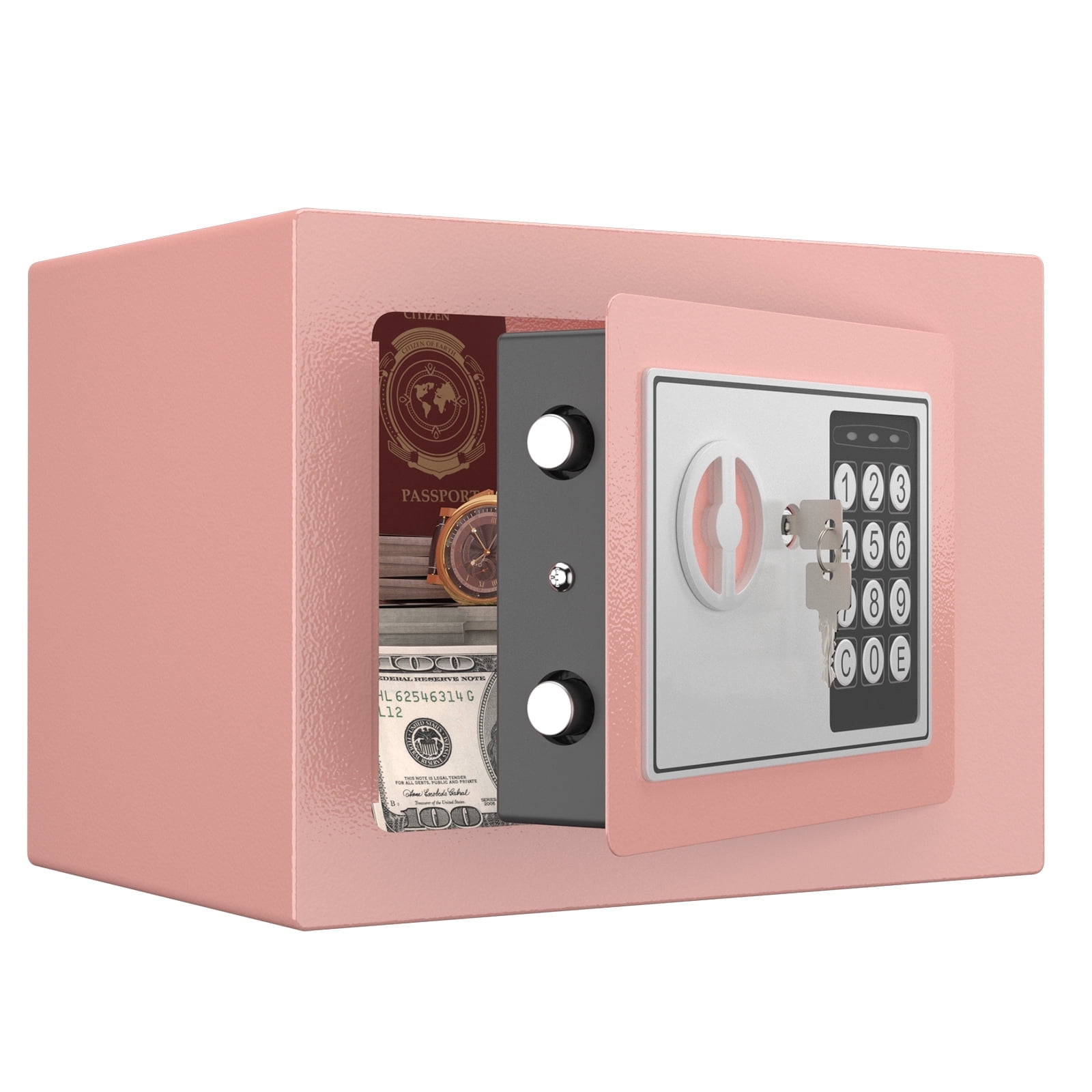 Marcree Mini Safe, 0.23 Cubic Pink Safe Box, Key Lock Box with Code, Steel Security Box with Key, Safe for Money, Jewelry, Hotel or Business, Pink Lock Boxes for Personal Items, Electronic Lock