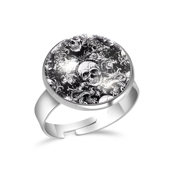 PhooArto Skulls Flowers Pattern Stainless Steel Rings for Women, Open Adjustable Ring Promise Ring Jewelry Gifts