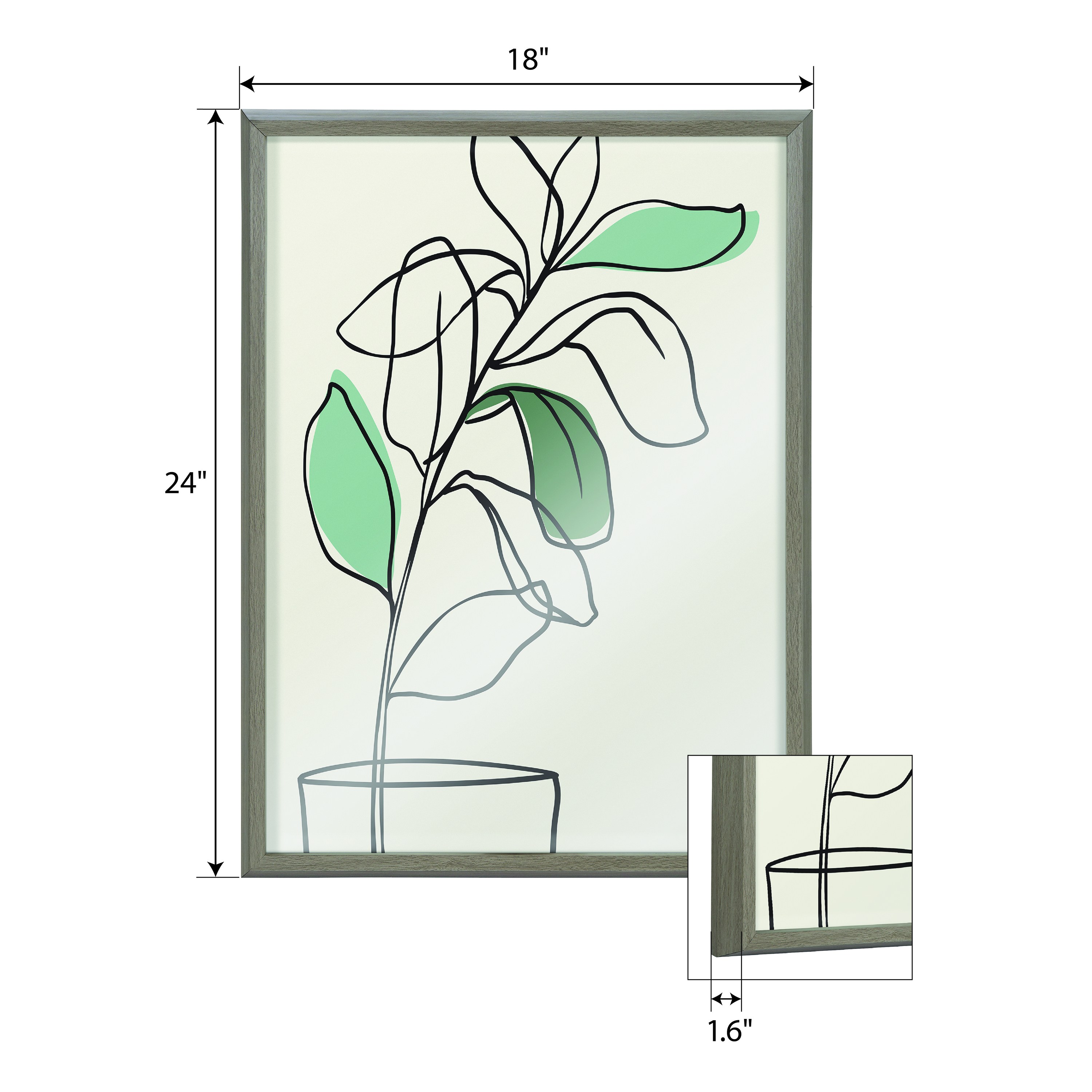 Bellamy Blake Tranquil Fiddle Leaf Framed Printed Glass Wall Art by Elizabeth Silver, 18 x 24 Gray, Decorative Abstract Succulent Art for Wall