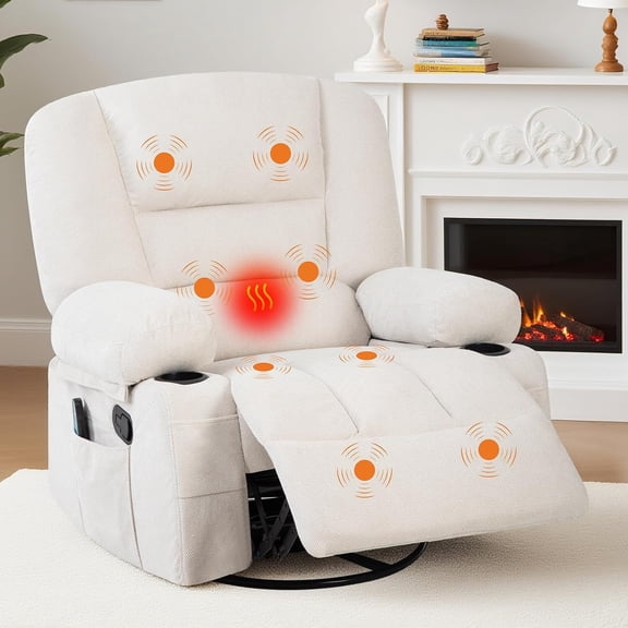 Massage Rocking Recliner Chair with Vibration and Heat, 360° Swivel Chenille Rocker Chairs for Living Room