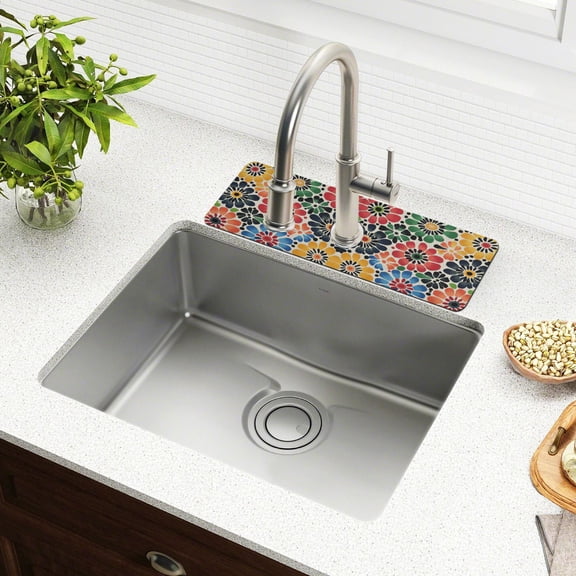 Yayeee Faucet Mat for Kitchen Sink 14.7" Diatomite Long Splash Guard Pad, Dark Floral