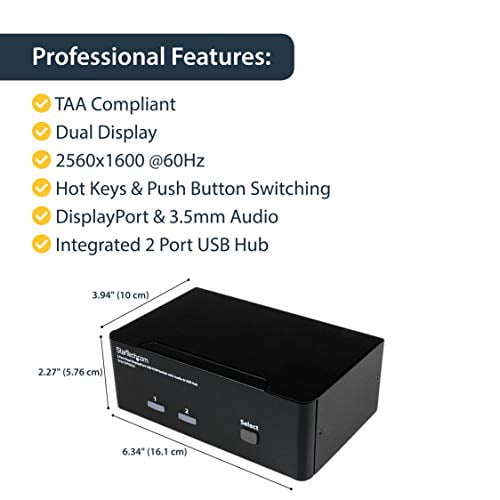 StarTech.com Dual Monitor DisplayPort KVM Switch - 2 Port - USB 2.0 Hub - Audio and Microphone - DP KVM Switch (SV231DPDDUA) Black