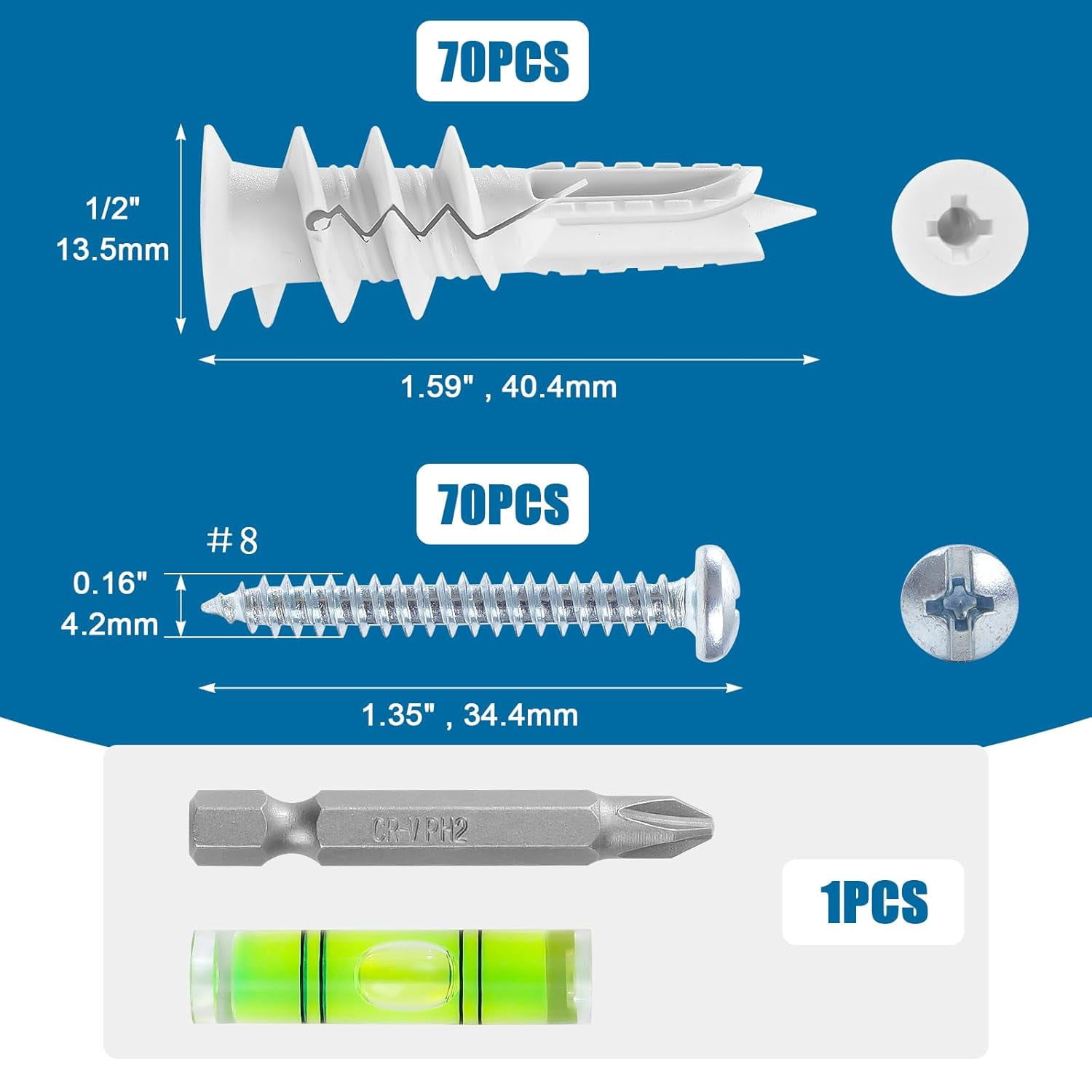 140PCS Self Drilling Drywall Anchors and Screws Kit #8 x 1-1/4”, Heavy Duty Sheetrock Anchors for Hanging Shelves,Picture Frames,Curtains, No Pre-Drilling, Plastic Dry Wall Anchors