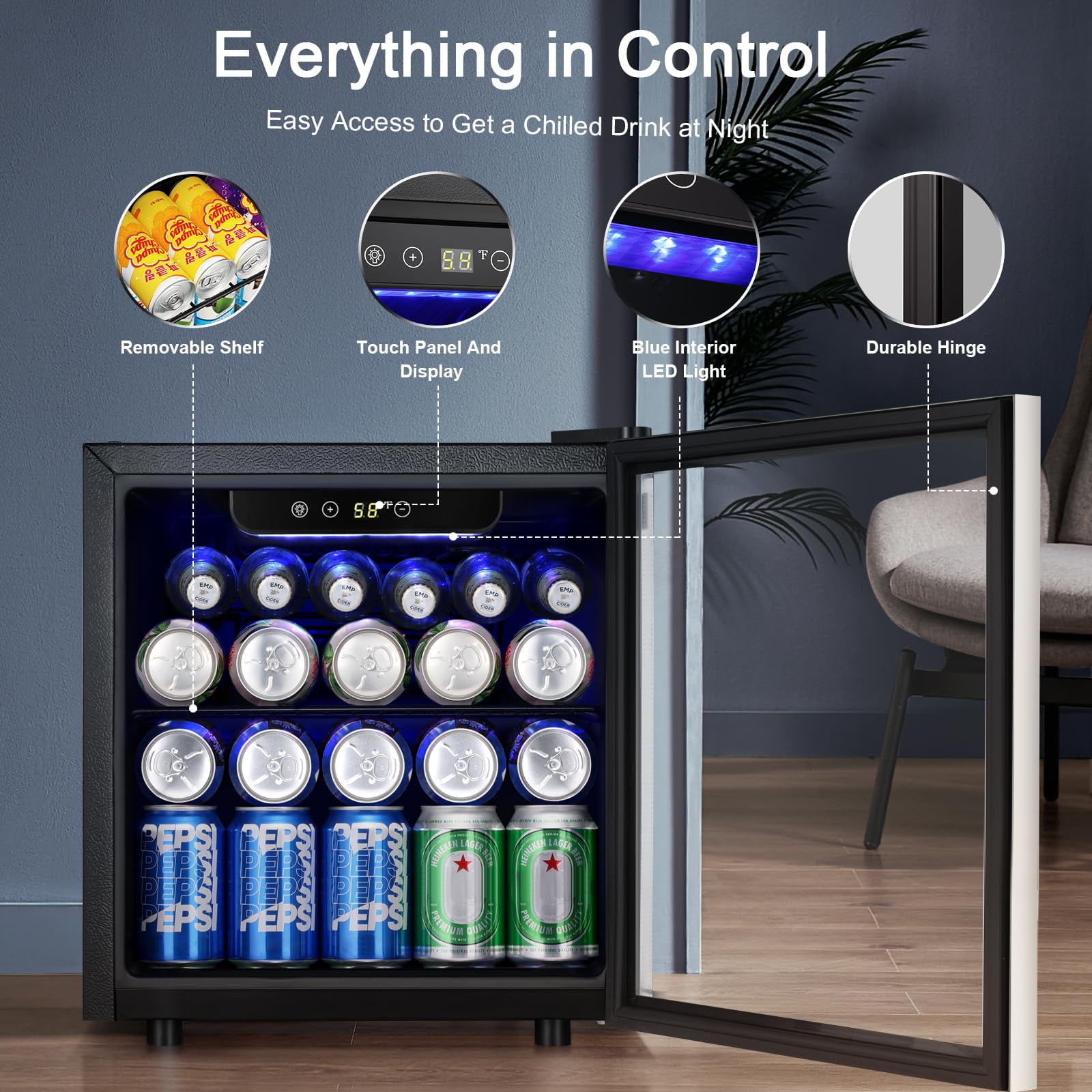 Auseo 55Cans Mini Fridge Cooler, Beverage Refrigerator Cooler with Stainless Steel Glass Door & Adjustable Leveling Legs, Home/Bar/Office
