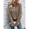 thumbnail image 4 of Female Casual Pullover Loose Bows Solid Color Round Neck Trendy Knit Long Sleeve Sweater Khaki S, 4 of 10