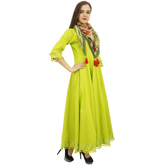 Bimba Flared Green Cotton Pom-Poms Kurta Classic Anarkali Dress With Scarf - 24