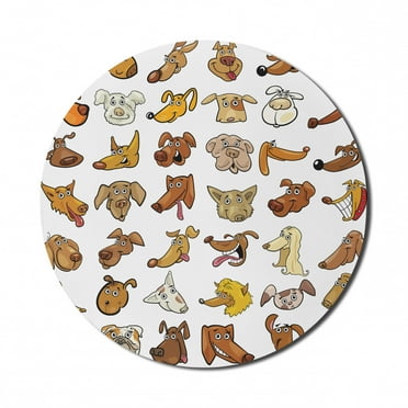 Dog Mouse Pad for Computers, Composition of Different Funny Dog Heads Puppy Canin Irish Humorous Cartoon, Round Non-Slip Thick Rubber Modern Mousepad, 8" Round, White Yellow Chocolate, by Ambesonne