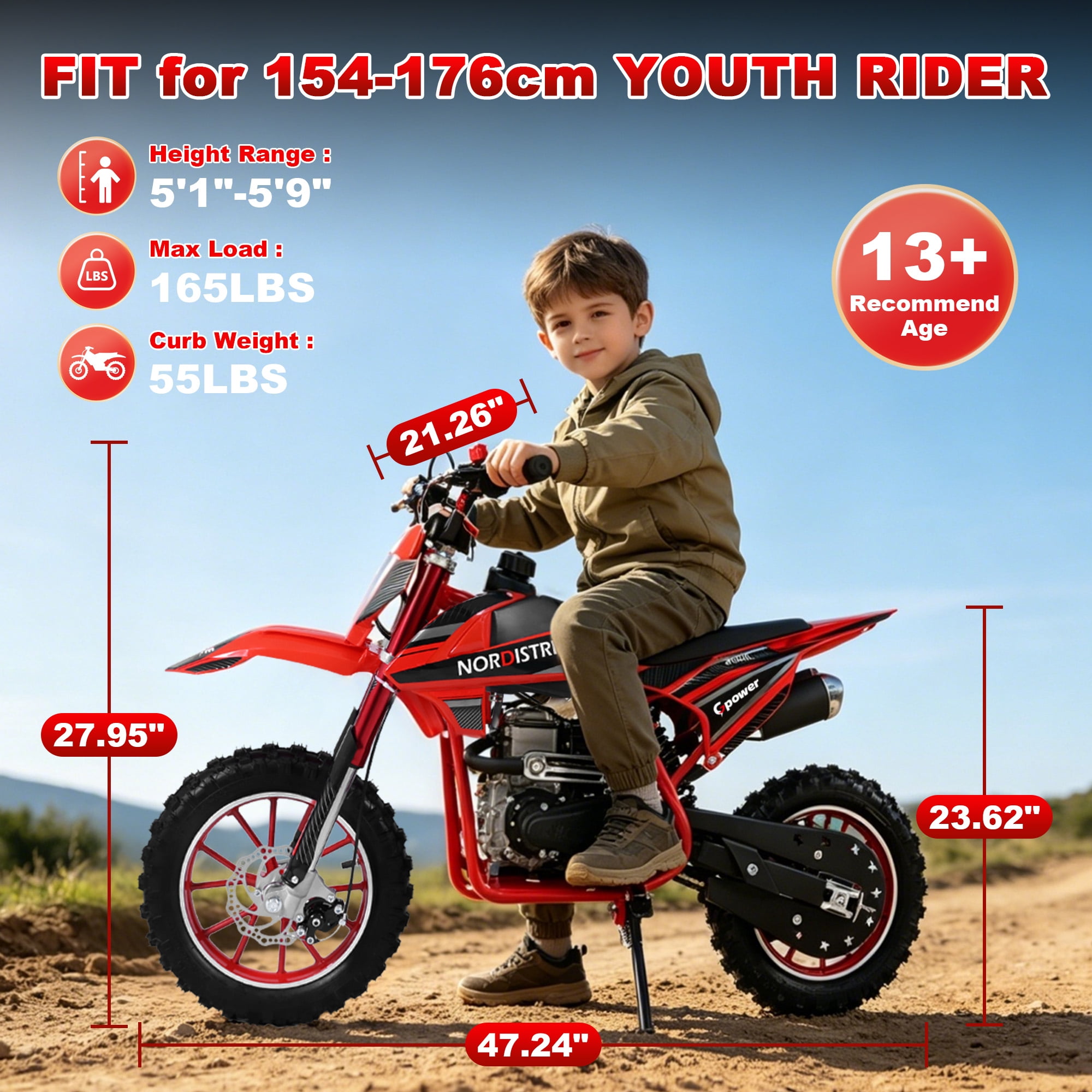 Gpower 50cc 4-Stroke Dirt Bike for Kids 8-14, Gas Power Mini Dirt Bike,1-Seater,Red
