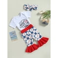 thumbnail image 3 of Wassery Infant Baby Girls Clothes Letter Print Short Sleeve Romper Crew Neck Jumpsuits+Baseball Print Flare Pants+Headband 3Pcs Summer Set 0-24M, 3 of 8