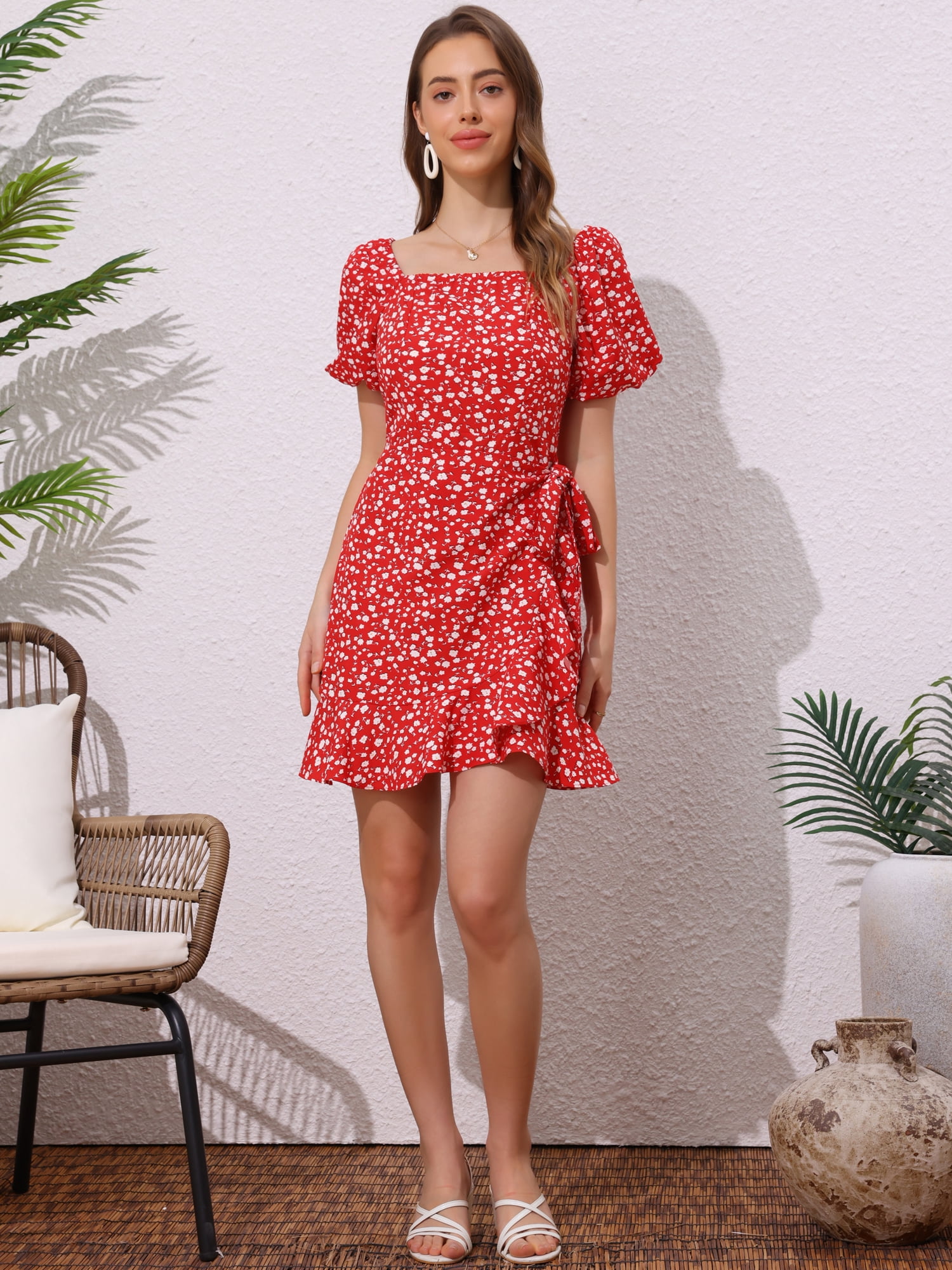 DARING DIVA Square Neck Floral Puff Sleeve Tie Waist Flowy Dress XS Red