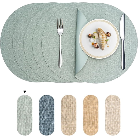 PROMATTOO Round Placemats Set of 6,Faux Leather Heat Resistant Non Slip Table Mats,Sage Green