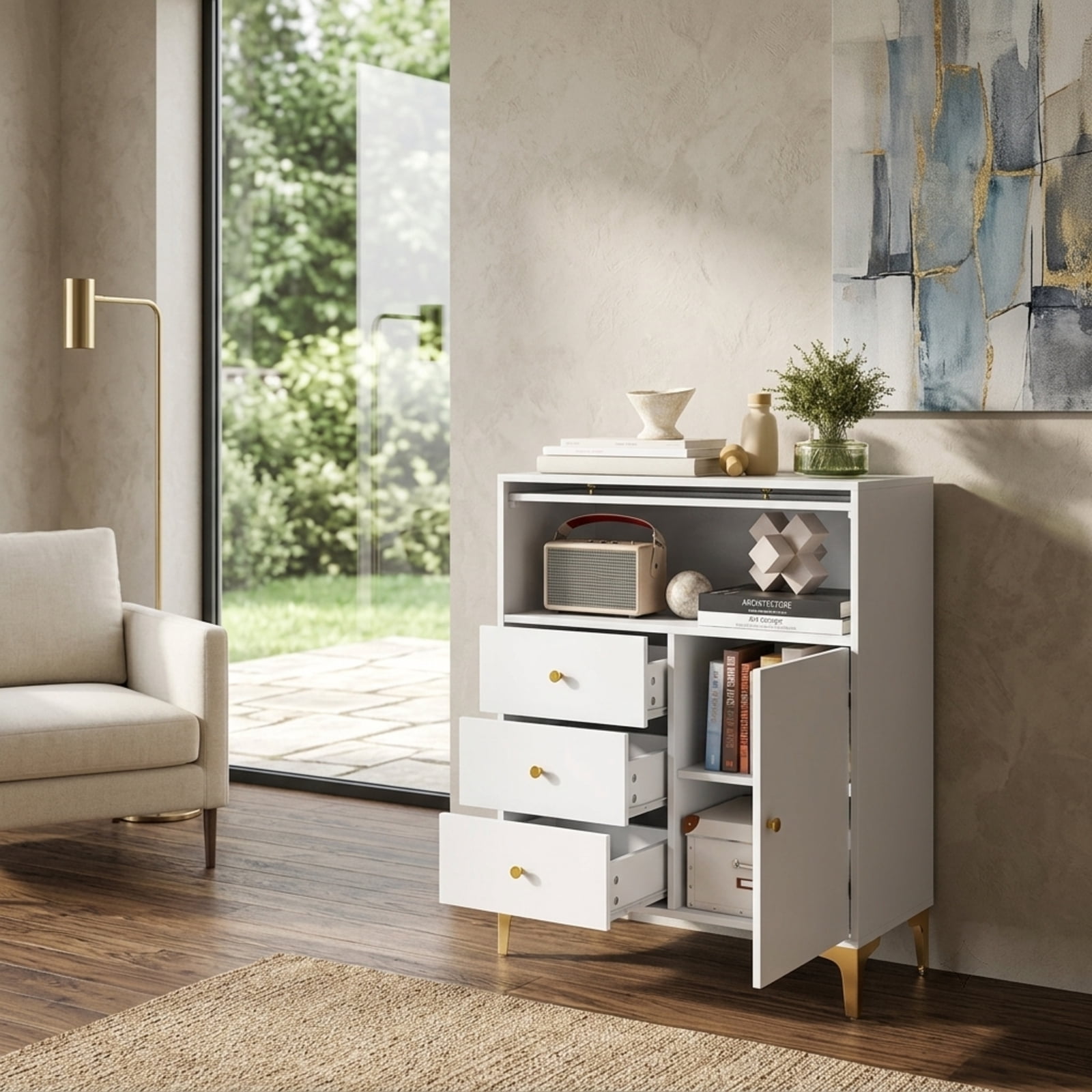 Furnibear Chest of Drawers with Flip Up Fluted Glass Door 3 Drawer Storage Cabinet Dresser for Bedroom Living Room Kitchen, Gray