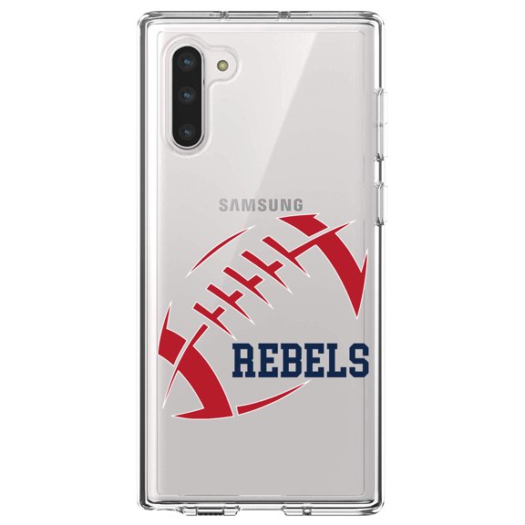DistinctInk Clear Shockproof Hybrid Case for Samsung Galaxy Note 10 (6.3" Screen) - TPU Bumper, Acrylic Back, Tempered Glass Screen Protector - Rebels Football - Red, Navy