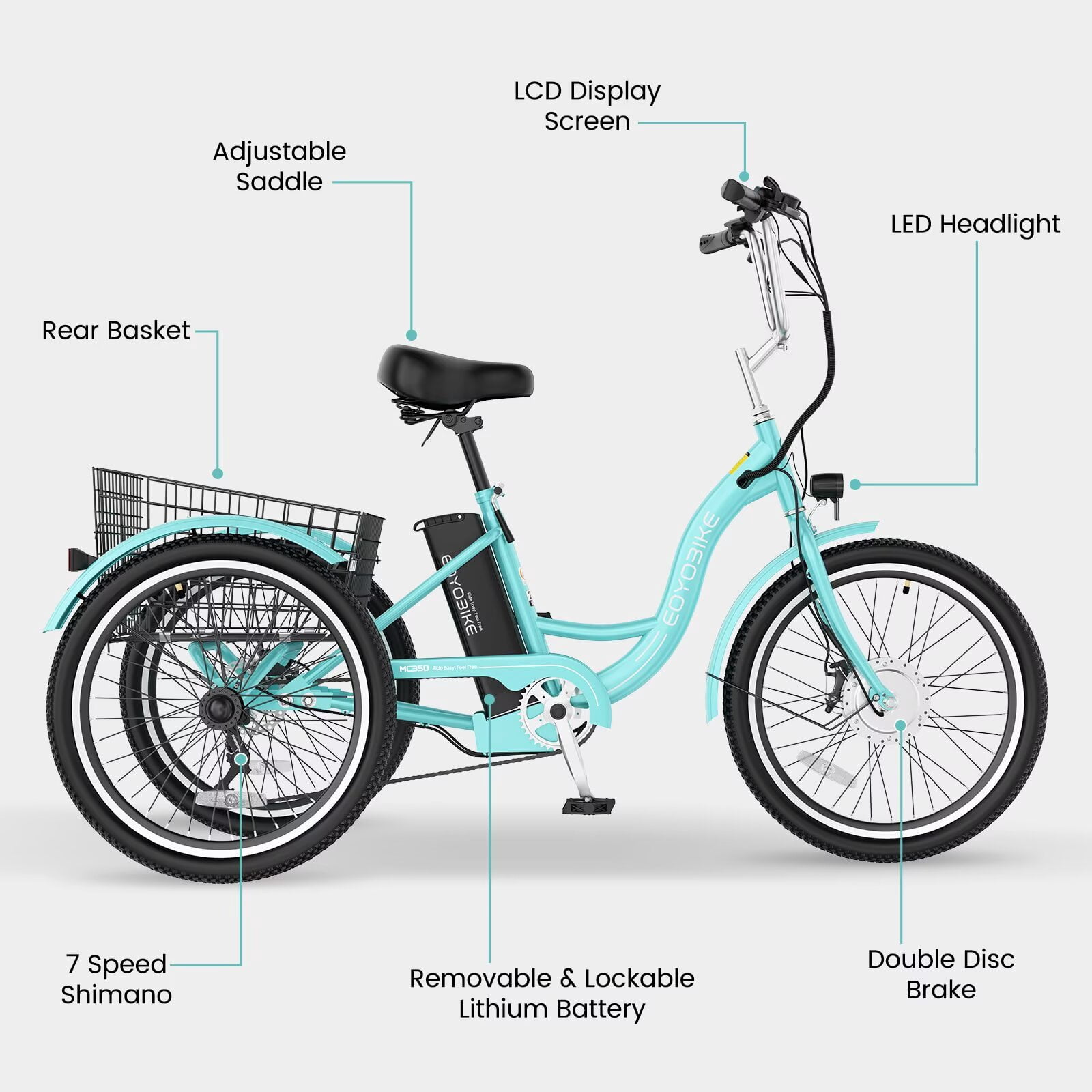 MOONCOOL 24"/26" Adult Electric Tricycle W/ Chain lock, Peak 700W 36V 10.4AH, 7 Speeds Step Through Electric Trike Motorized Three Wheel Electric Bikes w/ Large Basket for Women Men