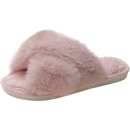 

CoCopeaunt Womens Faux Fur Slippers Cross Band Warm Fuzzy Flip Flop House Slippers Open Toe Home Slippers for Girls