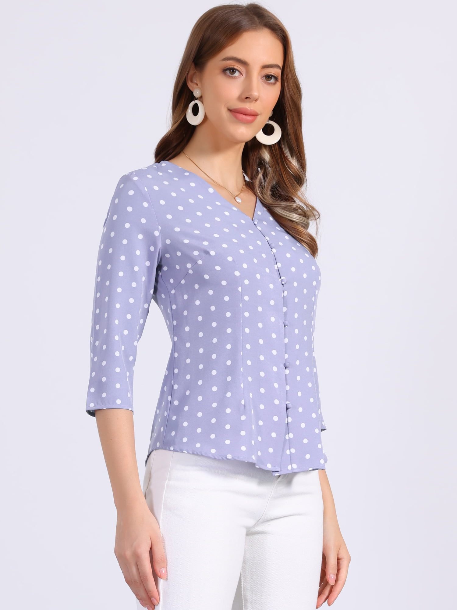 DARING DIVA Women's Polka Dots 3/4 Sleeve Button Front V Neck Blouse L Dusty Purple