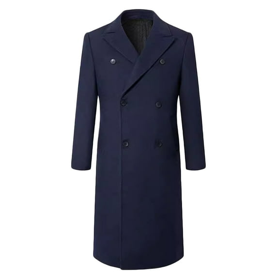 VSSSJ Men's Double Breasted Long Pea Coat Winter Warm Long Jacket Overcoat Notched Collar Slim Fit Long Coat Windbreaker Trench Coat Navy XXL