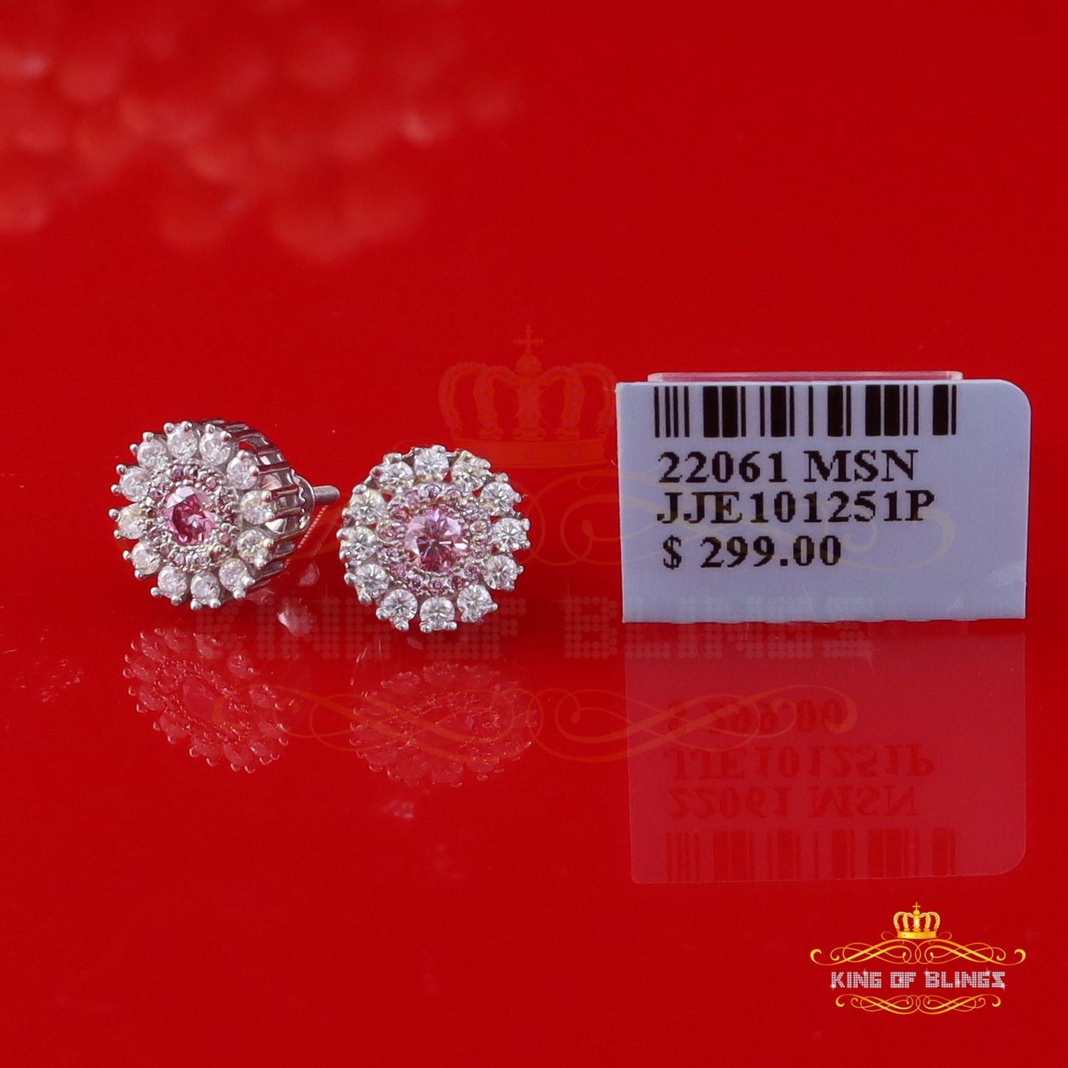 King of Bling's Men's/Women's 925 Silver White 1.00ct VVS D Pink Moissanite Round Stud Earrings