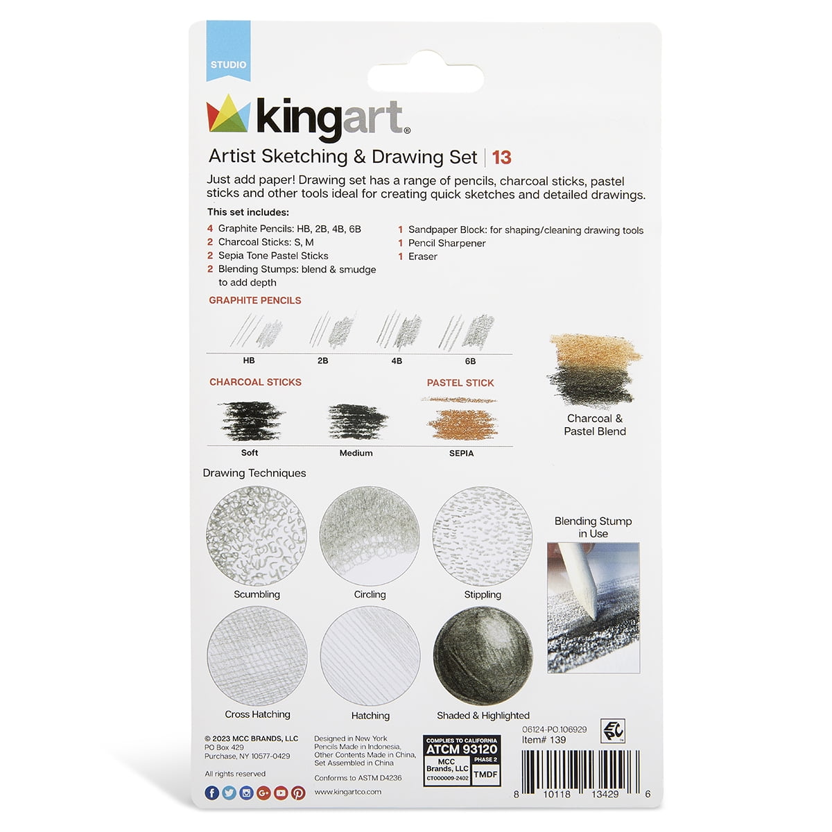 KINGART 13-Piece Sketching and Drawing Kit with Pencils, Charcoal and Blending Tools