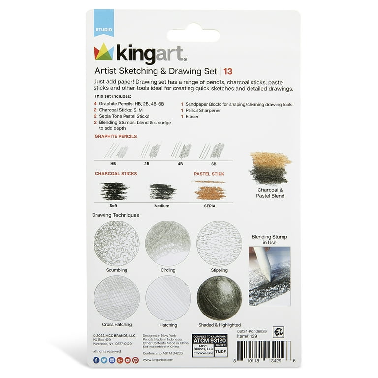 King art 13 Piece Sketching Drawing Kit with Pencils Charcoal