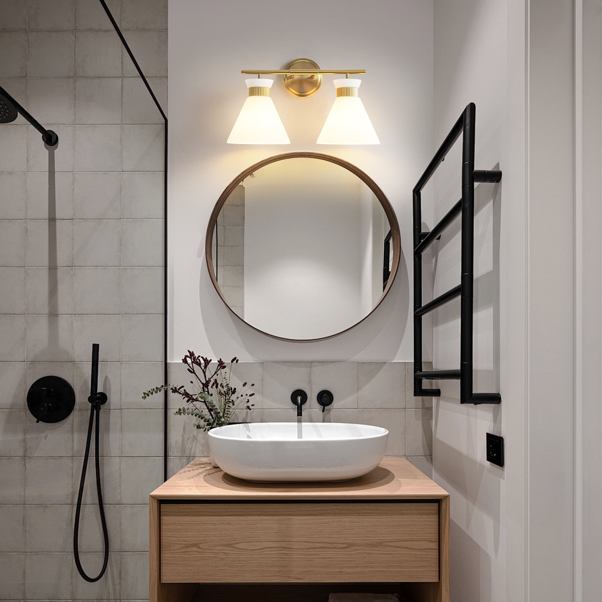 KAISITE 2-Lights Vanity Lights for Bathroom Gold Wall Sconce Lighting with Frosted Milky Glass for over Mirror Bedroom Hallway