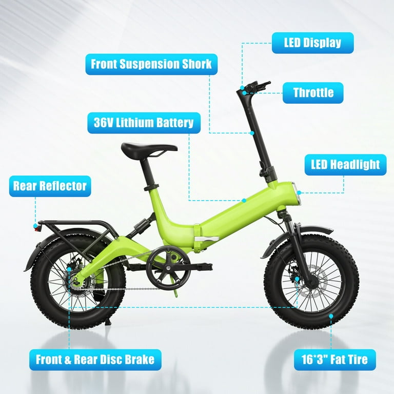 Lohoms 16 Folding Adult Electric Bike 20mph 30 mile 350W 3 Riding Mode Commuter Foldable E Bike for Adult 16 Fat Tire Mountain Electric Bicycle With APP Control Green Walmart