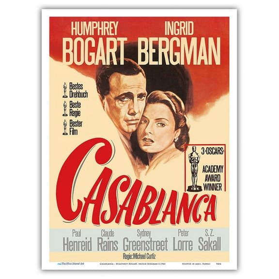 Casablanca - Starring Humphrey Bogart Ingrid Bergman - Vintage Film Movie Poster c.1942 - Master Art Print (Unframed) 9in x 12in