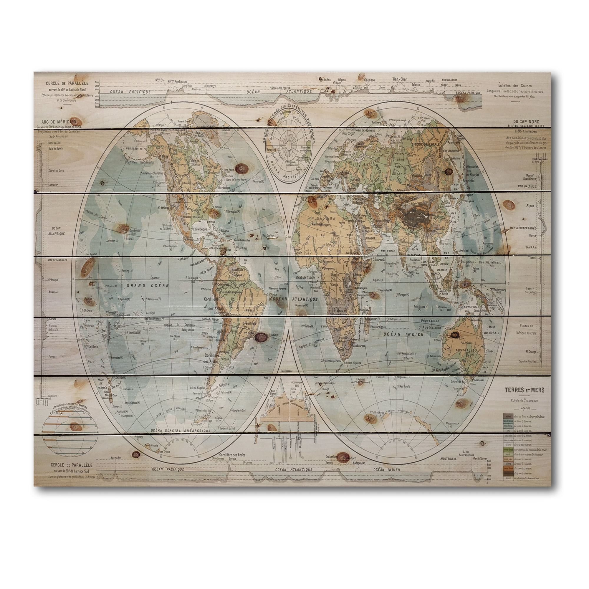 Designart 'Ancient World Map II' Rustic Print on Natural Pine Wood